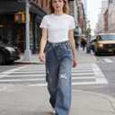 SANGTREE Womens Wide Leg Jeans Elastic Waist Denim Pants Baggy Jeans for Womens Ripped DarkBlue S (Blue, S)