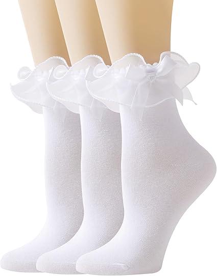 Women Lace Socks Ruffle Frilly Socks - Comfortable Cotton Socks Cute Socks Princess Lolita for Ladies 2 pairs