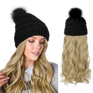 AynnQueen Beanie with Hair Attached for Women Slouchy Cable Hat Wig Knit Beanie Winter Hat with 20inch Removable Hair Extensions Wig (Ash Blonde-Black Hat)