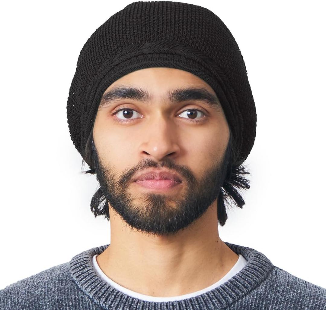 Boho Slouchy Knit Beanie for Women, Mens Fashion Rasta Tam-Style Hat for Fall & Spring Made in Korea (One Size, Black)