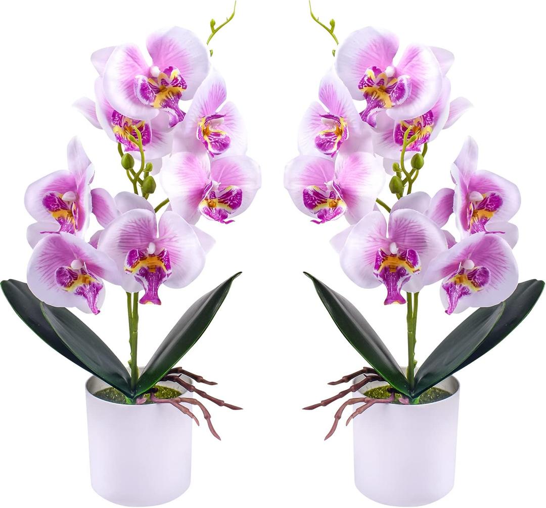 XONOR Artificial Orchid Flowers, 2 Pieces Potted Fake Orchids with Plastic Vase for Table Centerpiece Home Decor Office Wedding Party Decoration (Purple)
