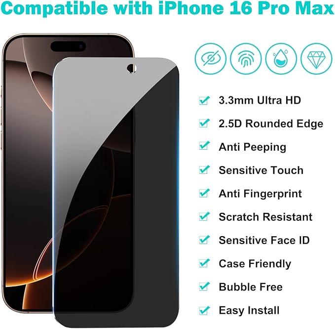 PEHAEL 2Pack for iPhone 16 Pro Max Privacy Screen Protector with Camera Lens Protector Full Coverage Anti-Spy Tempered Glass Film 9H Hardness Easy Installation Bubble Free [6.9 inch]