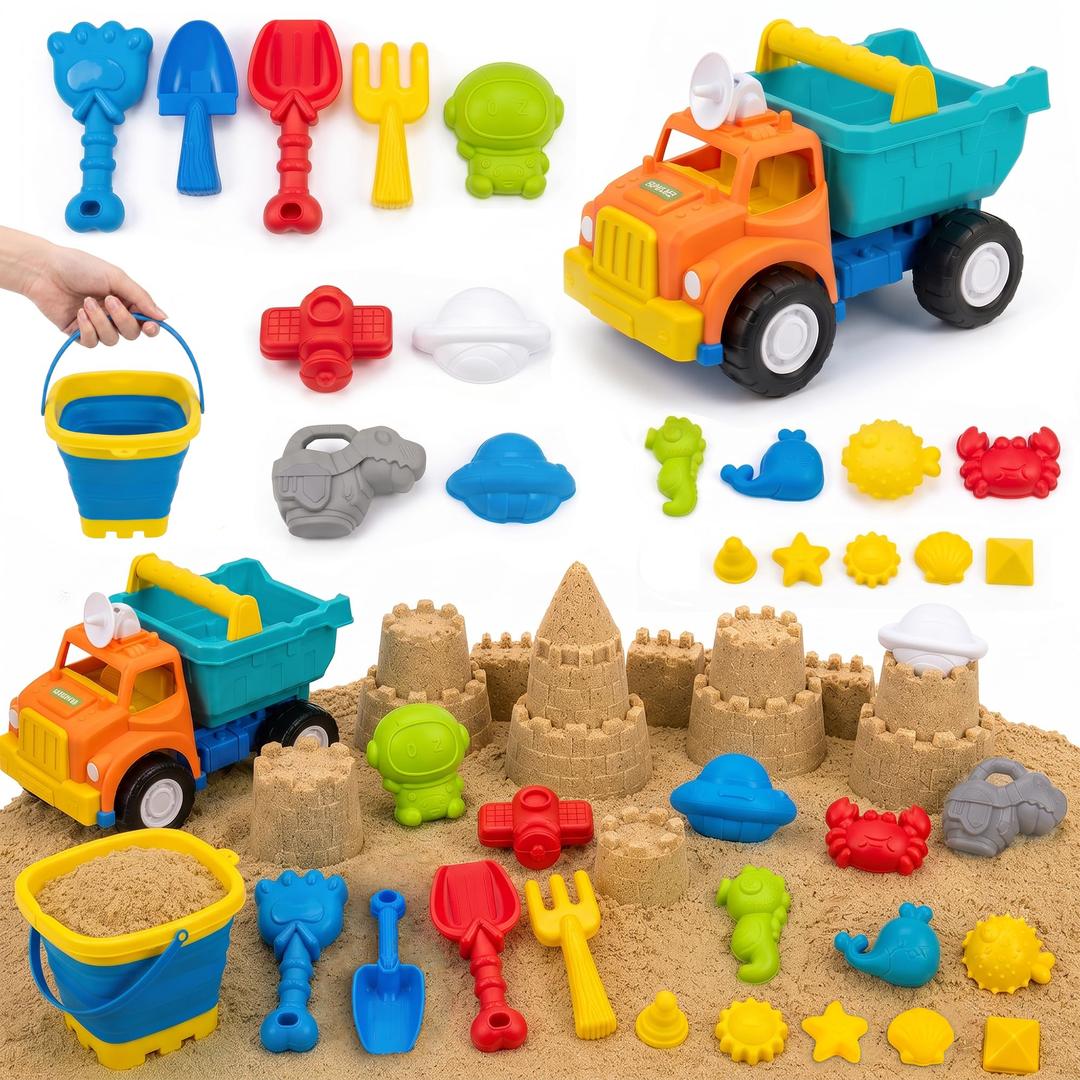 STEM Engine Beach Sand Toys for Kids 20PCS Beach Toys Collapsible Bucket, Castle Building Dump Truck with Bucket Construction Toy, Sand Molds, Shovels, Toddlers Summer Outdoor Travel Toy