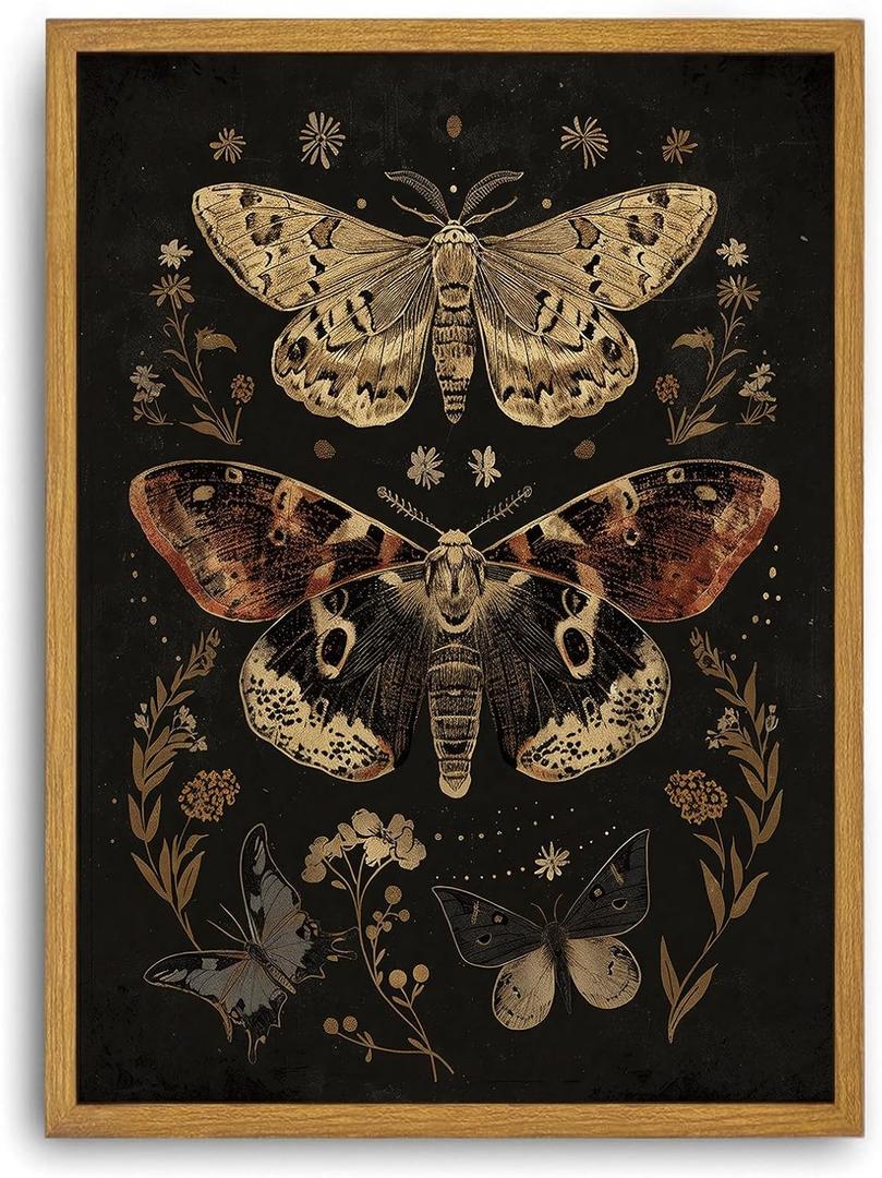 Framed Vintage Moth Butterfly Wall Art Dark Academia Wall Decor Pictures Boho Botanical Canvas Art Prints Nature Artwork Paintings for Living Room Bedroom 12x16in