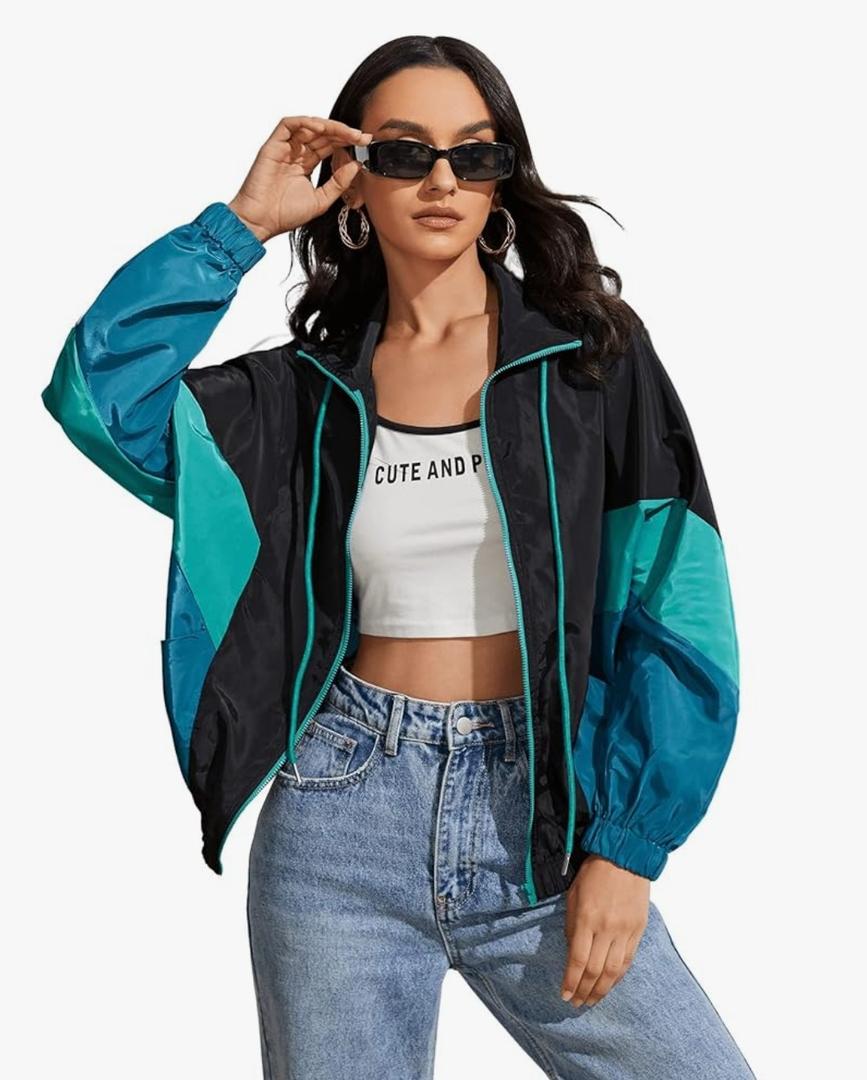 SweatyRocks Women's Lightweight Windbreaker Patchwork Zipper Sport Jacket Coat Outerwear Large