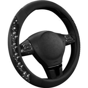 PIC AUTO Steering Wheel Cover, Black Sparkly Crystal Bling Glitter with Leather, Universal Fit 14.5"-15.5" Car Steering Wheels for Girls & Women, Anti-Slip Wheels Cover for Cars, Trucks, Van, SUVs