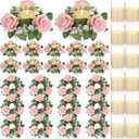 Yunlly 12 Pcs Rose Candle Rings with Flameless Candles Sets, Artificial Flower Eucalyptus Wedding Centerpiece 3 Inch Pillar Candleholders Wreaths for Wedding Party Mother's Day (Pink)