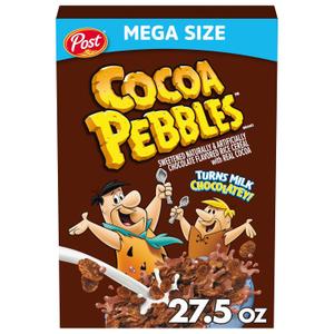 Cocoa PEBBLES Cereal, Chocolatey Kids Breakfast, Gluten Free Rice Crunch, 27.5 oz Mega Size Cereal Box (27.5 Ounce (Pack of 1))