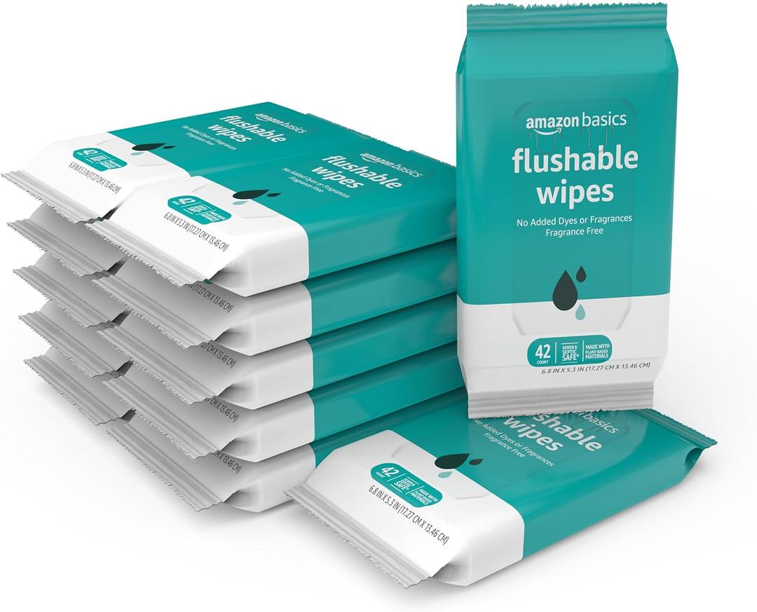Amazon Basics Flushable Adult Toilet Wipes, Fragrance Free, FSC-Certified, Advanced Flushable Technology, 504 Count (12 Packs of 42)