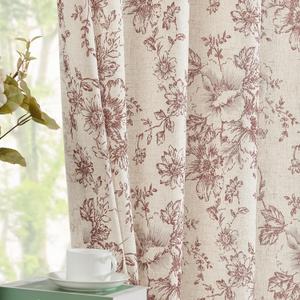 jinchan Linen Blend Curtains Floral Curtains for Living Room 84 Inch Length Brick Red Printed Curtain Rod Pocket Back Tab Farmhouse Peony Flower Patterned Drapes Bedroom Window Curtain Set 2 Panels
