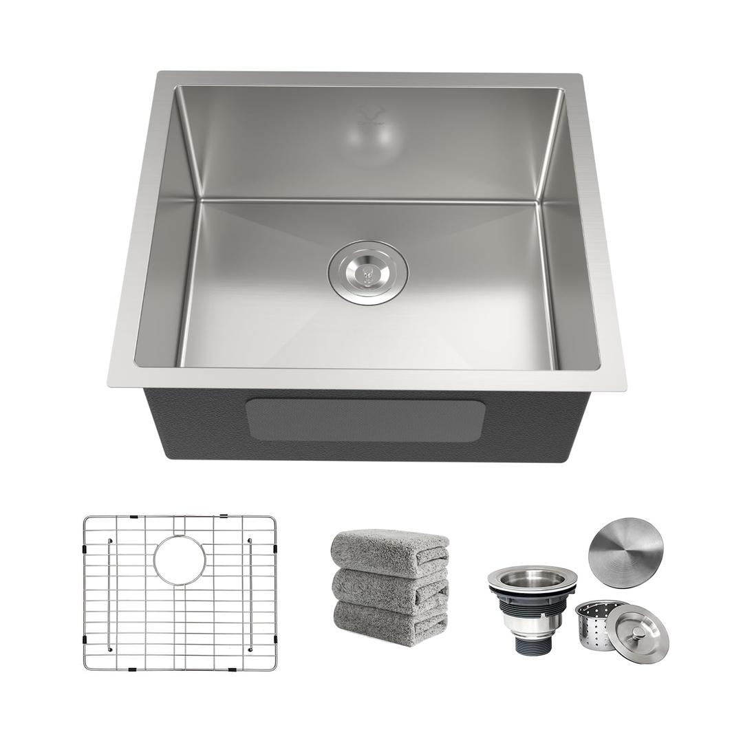 Kitchen Sink 25x22 Inch Drop In Kitchen Sink Top Mount 16 Gauge Deep R10 Single Bowl 2-Hole Stainless Steel Sink with Accessories