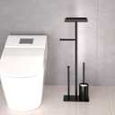 Modern Bathroom Toilet Paper Holder Stand, Black Metal, with Storage Shelf, Brush Holder, 3-Roll Storage, Freestanding Design