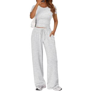 Trendy Queen 2 Piece Matching Summer Lounge Set Womens Side Ruching Top Wide Leg Pants Sets with Pockets (Gray, L)