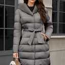 PAPILLON D'OR WEAR YOUR WINGS Women's Long Puffer Coat with Belt, Hood & Furry Lining - Knee-Length Winter Jacket (Gray, L)