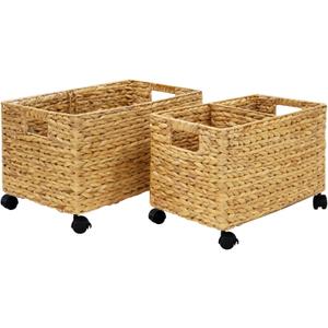 PEMAR Set 2 Nesting Natural Wicker Rolling Storage Baskets on Wheels w Insert Handles, Under Table Under Desk Woven Storage Bins, Mobile File Cabinet Organiser (Water Hyacinth, Sizes M, L Nesting)