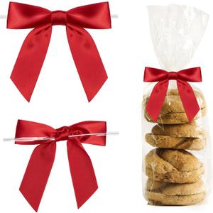 Red Twist Tie Bows for Treat Bags 3.5" Pre-Tied Satin Ribbon Bows for Gift Wrapping, Crafts, Party Favors, Wedding, Baby Shower Decorations (50 Pack)