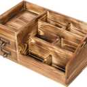 Liry Products Rustic Wooden Desktop Organizer Office Supplies Brown Tabletop Storage Cabinet Stepped Rack Multiple Compartments 2 Tier Drawers Makeup Accessory Jewelry Sorter Display Box Home Office