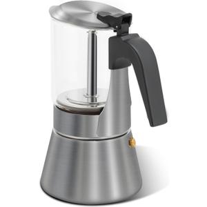 Grasseed Crystal Glass-Top Moka Pot, Brushed Stainless Steel Stovetop Espresso Maker for Italian Coffee - 9 Cup/360ml/12.6oz