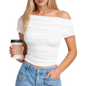 Women's Off Shoulder Short Sleeve T-Shirt Double Lined Front Casual Slim Fit Tops Y2K Going Out Crop Tops (White, S)