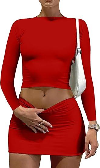 KIFOVEN Women's 2 Pcs Outfits Crew Neck Long Sleeve Crop Top and Bodycon Mini Skirt Set,   Size S