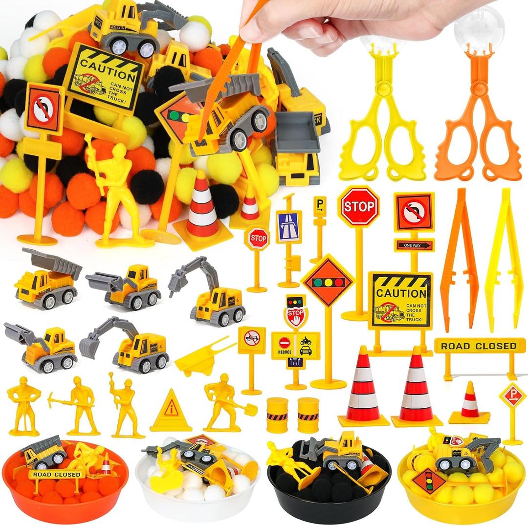 135 Pcs Construction Sensory Bin Items Construction Counting Sorting Sensory Bin Filler Fine Motor 5 Vehicles 14 Road Signs 4 Worker Figures Counts for Valentine Sorting Counting Decor