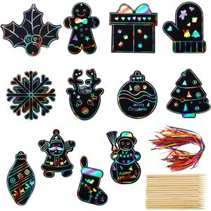 96pcs Christmas Scratch Papers, Christmas Magic Scratch Cards Ornaments Christmas Tree Snowman Scratch Creative DIY Hanging Craft Art Kits for Classroom Tree Decor (Style A)