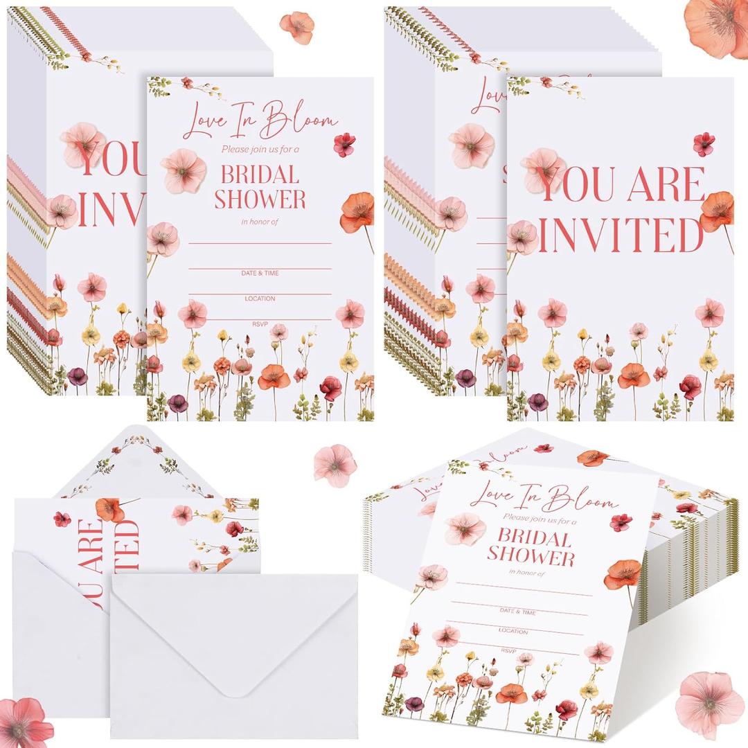 Marspark 50 Pack Love in Bloom Wildflower Bridal Shower Invitation Cards with Envelopes Wedding Bridal Shower Invitation Colorful Floral for New Couples Mr Mrs Newlyweds Invites Party Favor Supplies