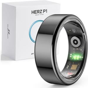 Herz P1 Smart Ring for Women & Men - 24/7 Health Metrics Fitness Ring, Tracks 20+ Biometrics, 6 Day Battery, Waterproof, iOS Android Compatible, Free APP, No Subscription (Black, 7, Black)