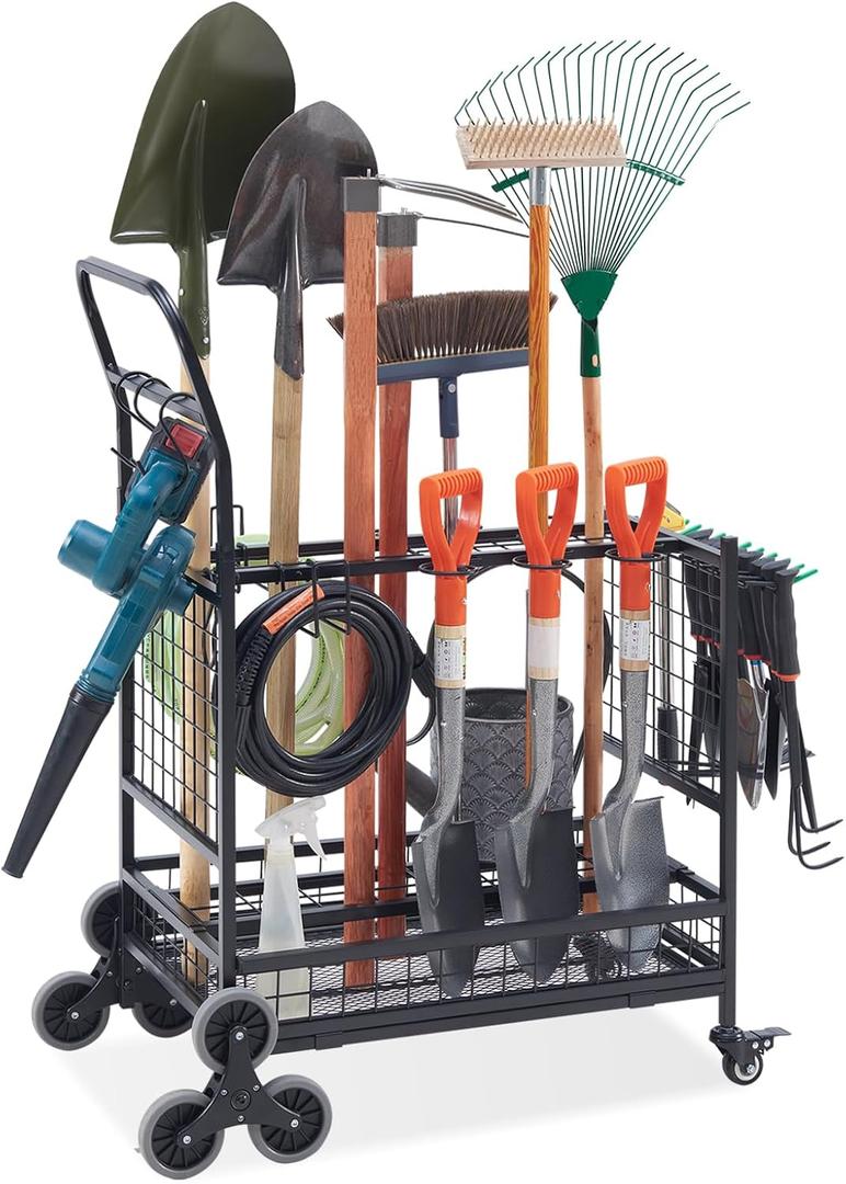 Lauren&Harold Garden Tool Organizer for Garage, Yard Tools Storage Rack with 2 Stair-Climbing Wheels, Gardening Tool Storage Holder for Garage, Yard, Lawn and Outdoor, Garden Tool Rolling Cart