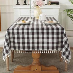 Laolitou Checkered Tablecloth Rectangle Washable Buffalo Plaid Halloween Table Cloth with Tassel Cotton Linen Gingham Table Cover for Picnic Kitchen Dining Room, Black and White, 102 Inch, 102" x 55"