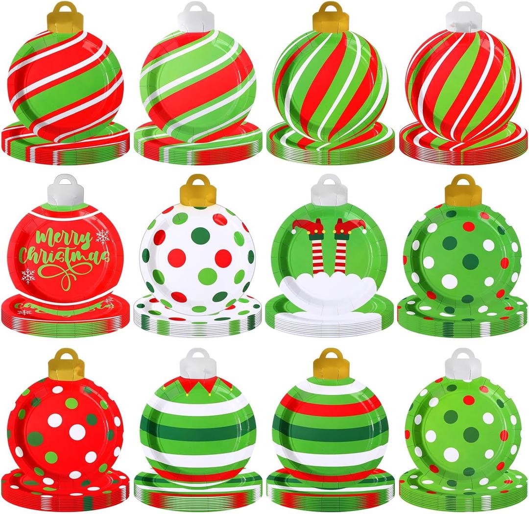 Zhehao 120 Pcs 9 Inch Christmas Disposable Dessert Plates Bulk Christmas Ornaments Ball Paper Plates Dinnerware Tableware Xmas Party Supplies for Holiday Dinner Gathering Decoration