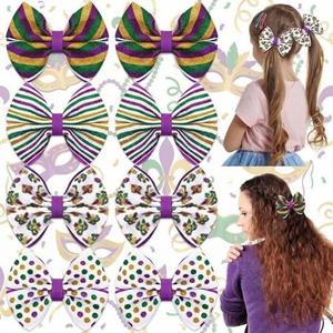 Suncalla 8 Pcs Mardi Gras Hair Bow Clip Glitter Purple Yellow Green Mask Hair Accessories Alligator Clip Bow for Mardi Gras Carnival Circus Party Costume Supplies Women Gifts