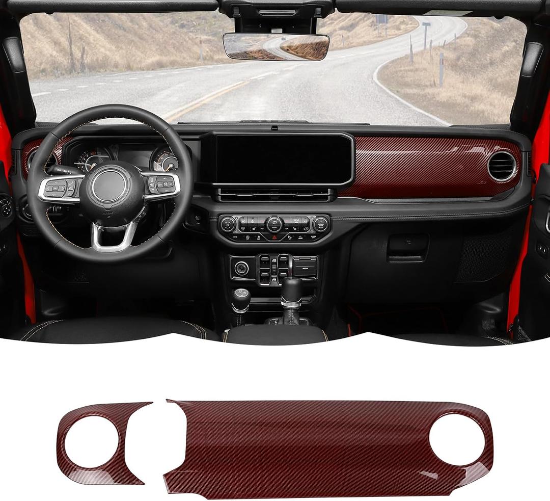 RT-TCZ Center Console Trim Cover Dashboard Control Panel Cover Decorative Interior Accessories Compatible with Jeep Wrangler JL JLU & Gladiator JT 2024+,Red Carbon Fiber