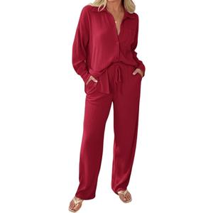 CHICME Womens 2 Piece Vacation Outfits Casual Resort Wear 2026 Beach Cover Up Button Down Shirt Loose Pants Set with Pockets (Red, L)
