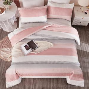 Litanika Pink Comforter Set Queen, 3 Pieces Blush White Colorblock Lightweight Bedding Comforter Set