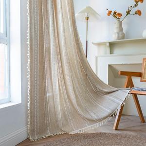 Sutuo Home Boho Curtains for Bedroom Living Room 63 Inch Length, Light Filtering French Country Farmhouse Vintage Shabby Chic Tassels Hollow Window Treatment Bohemian Drape 1 Panel 52"W x 63"L Natural