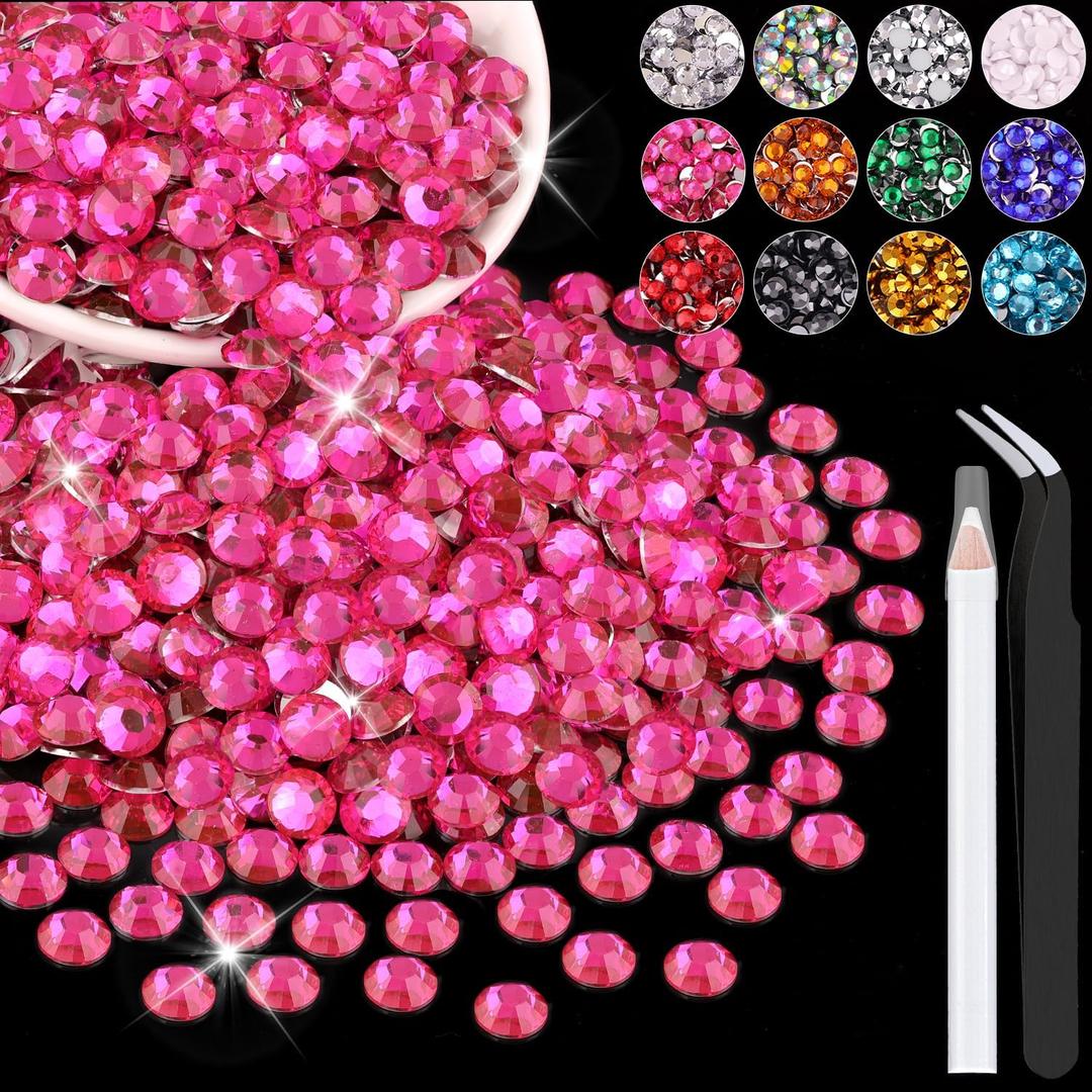 1200PCS 6mm Resin Rhinestones in Bulk (Hot Pink), Bedazzling Flatback Crystals for Crafts DIY Nail Decoration, Gems Charms for Tumbler Shoes Clothing Fabric with Pickup Pen and Tweezers
