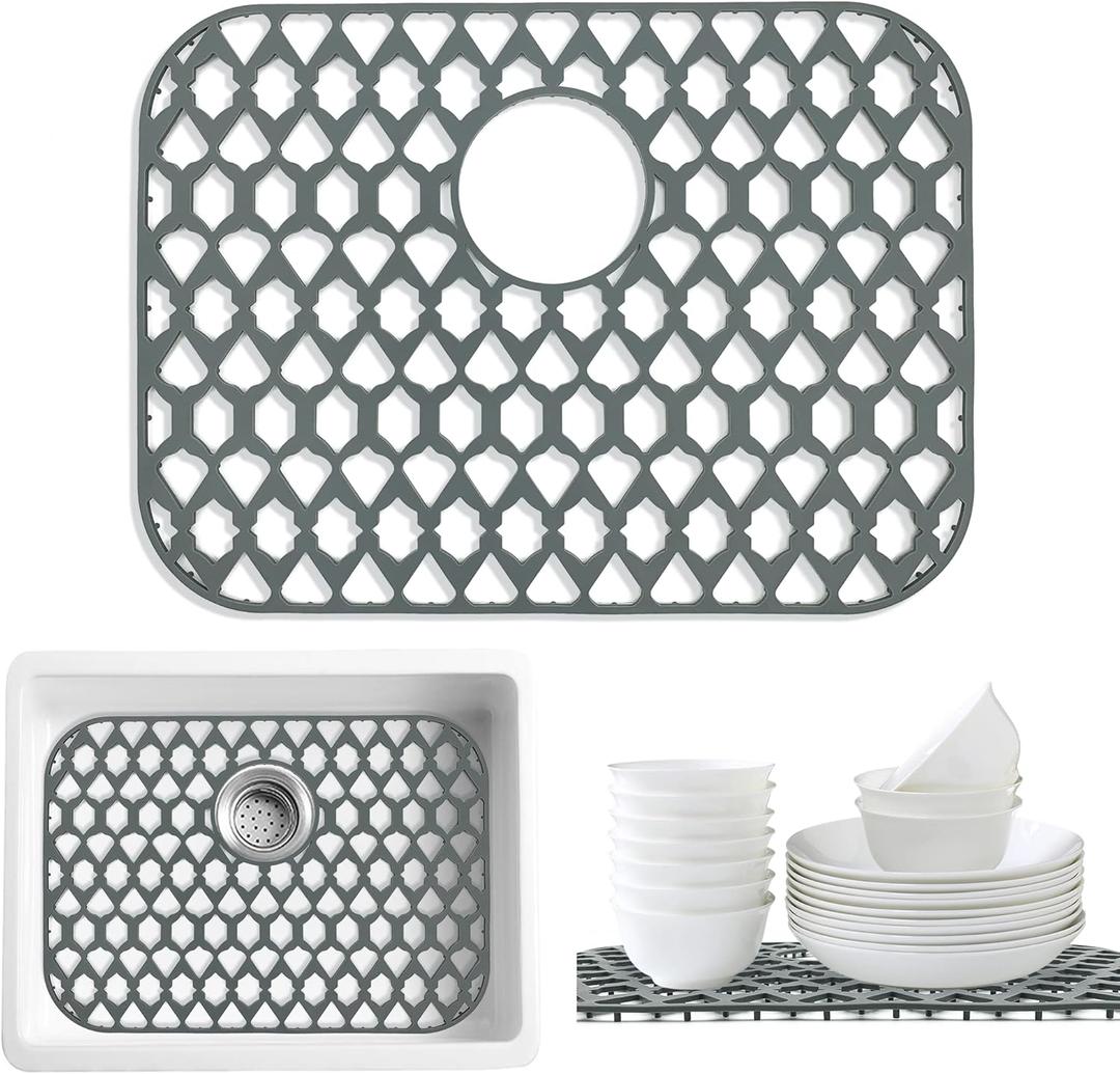 SAMSIER Silicone Sink Protectors Mats (13x11 & 14x12 & 16x12 & 18x16 & 19x14 & 21x16 & 22x13 & 25x16 & 26x14 & 28x14 & 30x16) for Bottom of Kitchen Sink (19x14, Rear Drain) (Gray)