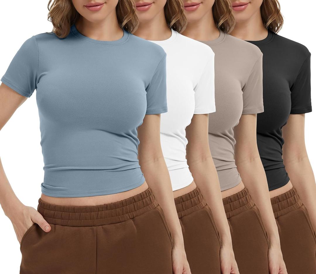 Dalavch 4 Pack Women's Workout Shirts Compression Short Sleeve Crew Neck Running Yoga Gym Athletic Fitted Crop T-Shirts Top M