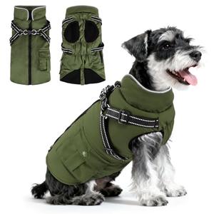 Dog Winter Coat with Harness Built-in | Waterproof Dog Jacket with Zipper & Fleece Lining | Reflective Cold Weather Coat for Medium Dogs Green