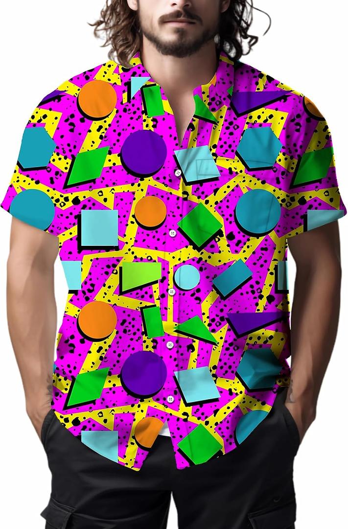 Mens Shirts 80s 90s Shirts for Men Casual Button Down Short Sleeve Shirt, Funny Party Quick Dry Mens Clothing, Large 
