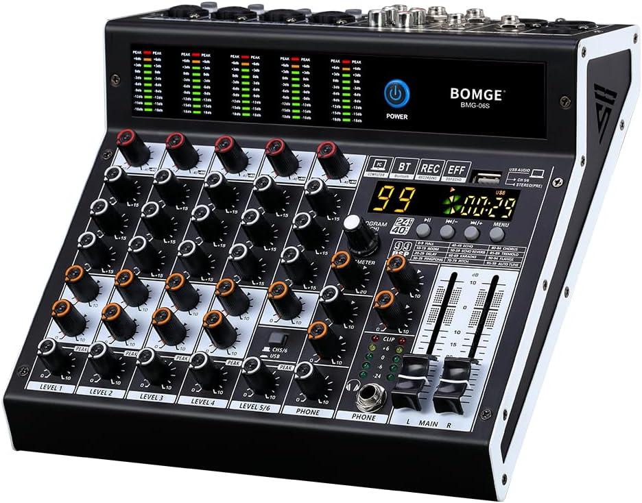 BOMGE Professional audio mixer 6 Channel Mixing Console with 99 DSP Effect,+48V Phantom, Bluetooth,USB Interface.2 AUX.FX Processor for studio recording & Live Performances