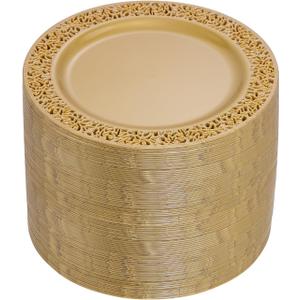 I00000 102PCS Brown Gold Dessert Plates 7.5, Plastic Salad Plates with Lace Design, Gold Disposable Plates Ideal for Weddings, Appetizer and Any Occasions