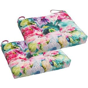 Makimoo 2-Pack Outdoor/Indoor Wicker Patio Seat Cushion Pad with Ties - Dining Chair Cushion, 17" x 17" (Watercolor Flowers)