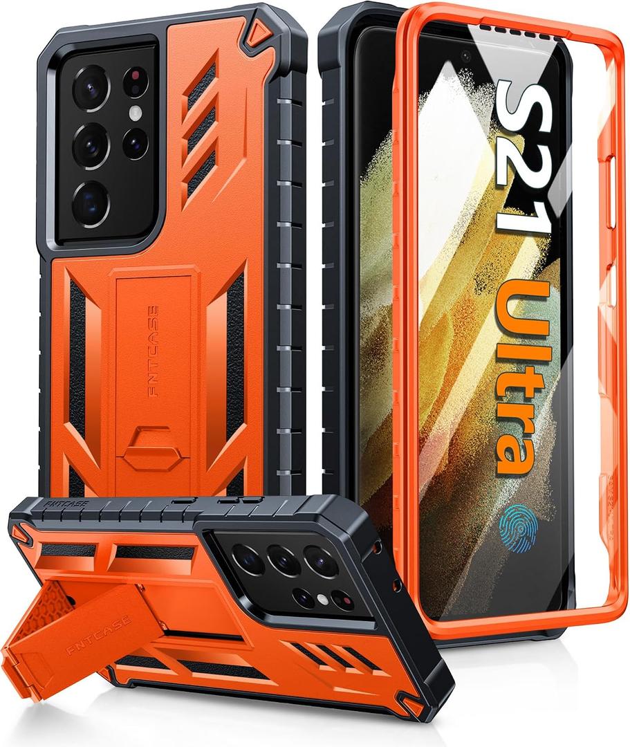 FNTCASE for Samsung Galaxy S21-Ultra Case: Military Grade Rugged Cell Phone Cover with Kickstand | Shockproof TPU Protection Bumper Matte Textured Design for Samsung S21 Ultra Cases 6.8 inches(Orange)