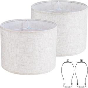 13" Lamp Shades Set of 2 (Spider Fitter), Includes 2 Harps & Finials, Natural Linen Drum Lampshade Replacement for Table Lamps (13" Top x 13" Bottom x 10" High)
