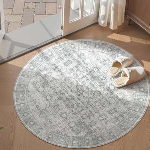 LIVEBOX Vintage Round Rug - Washable 5 Foot Large Oriental Circle Grey Rug for Living Room, Non-Slip Soft Carpet Low Pile Entryway Circular Rugs for Foyer Kitchen Kids Room (Silvergray)