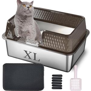 Suhaco Medium Stainless Steel Litter Box Side Entry High Walls Deep Metal Cat Litter Boxes Low Entry with High Sided Removable Lid Litter Mat and Scoop Litter Pan (Tall Black) (Large)