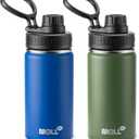 Kids Insulated Water Bottle-12 oz Stainless Steel Sports Water Bottle Wide Mouth with Leakproof Spout Lid-Gift for Boy, 2 Pack (Navy-Grass Green)