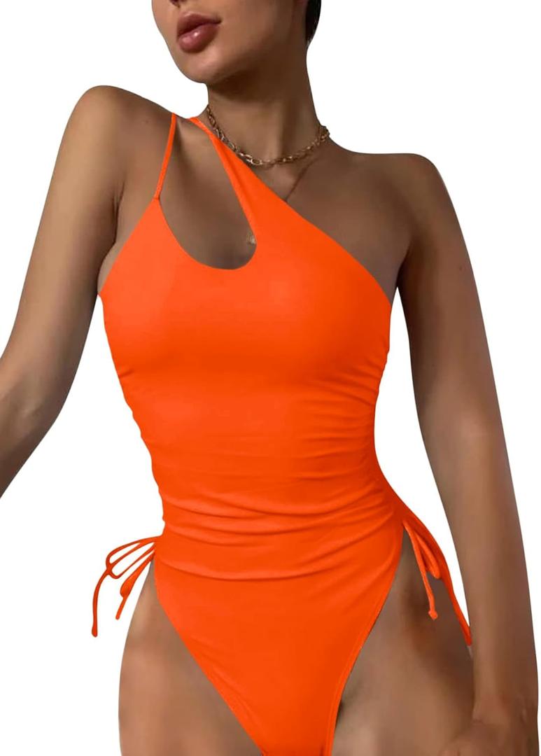 Eomenie Women's One Piece One Shoulder Swimsuit with Drawstring Tummy Control Bathing Suit Sexy High Cut Swim Suits (Neon Orange), XL